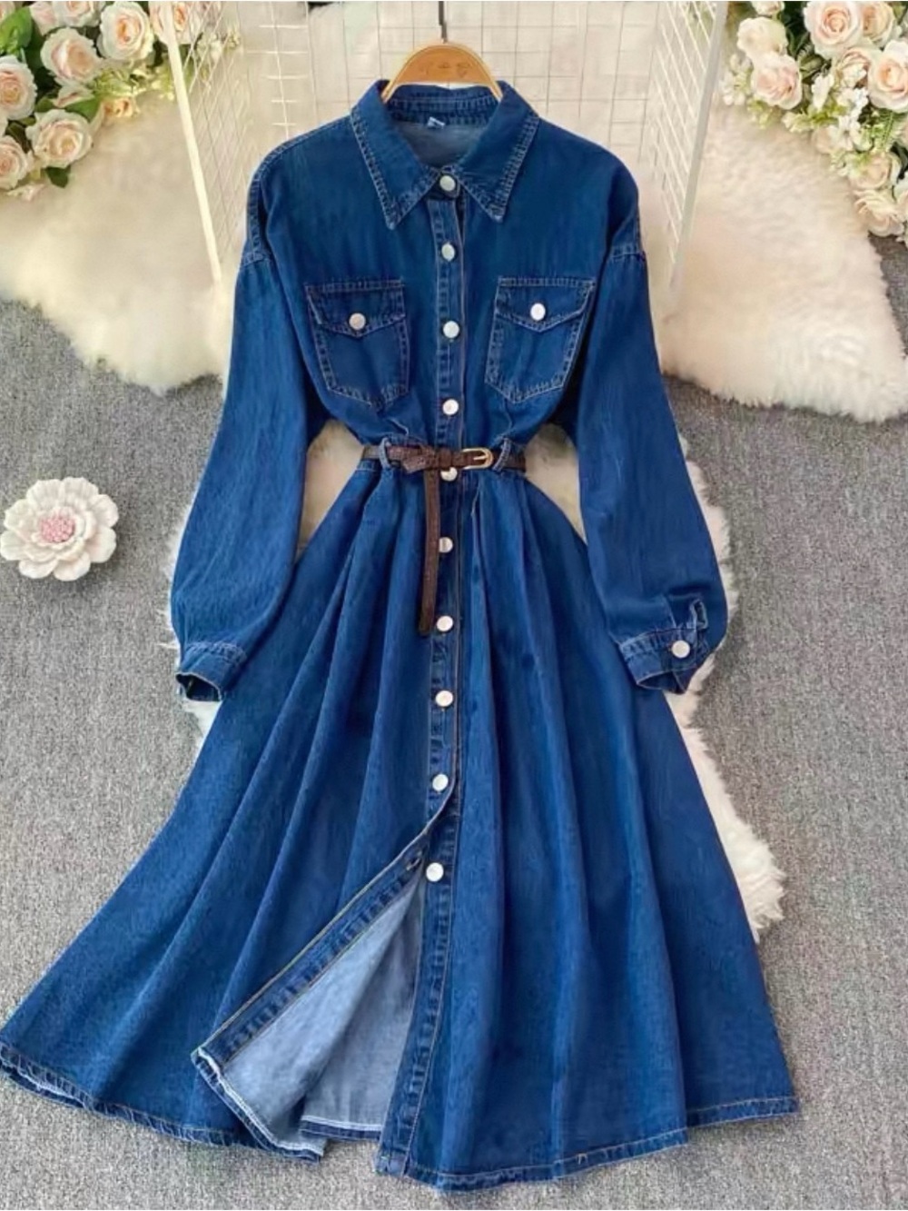 Classic Blue Denim Shirt Dress with Belt